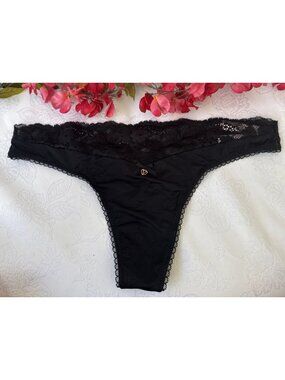 VICTORIA'S SECRET L BODY BY VICTORIA BLACK SILKY GOLD CHARM THONG PANTIES NWT
